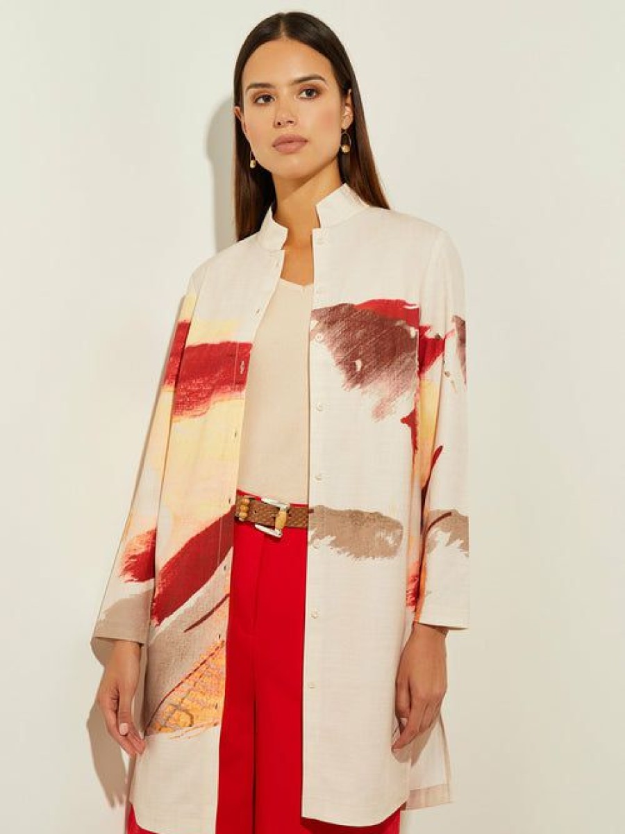 Clothing Misook  | Painted Sunset Shirt Jacket Sand/Sunset Red/Citrus Blossom/Pale Gold/White