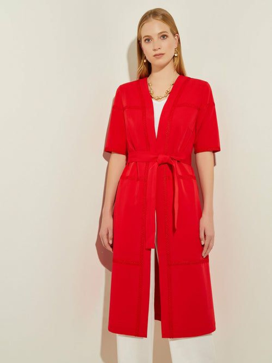 Clothing Misook  | Short Sleeve Belted Stretch Crepe Duster Sunset Red