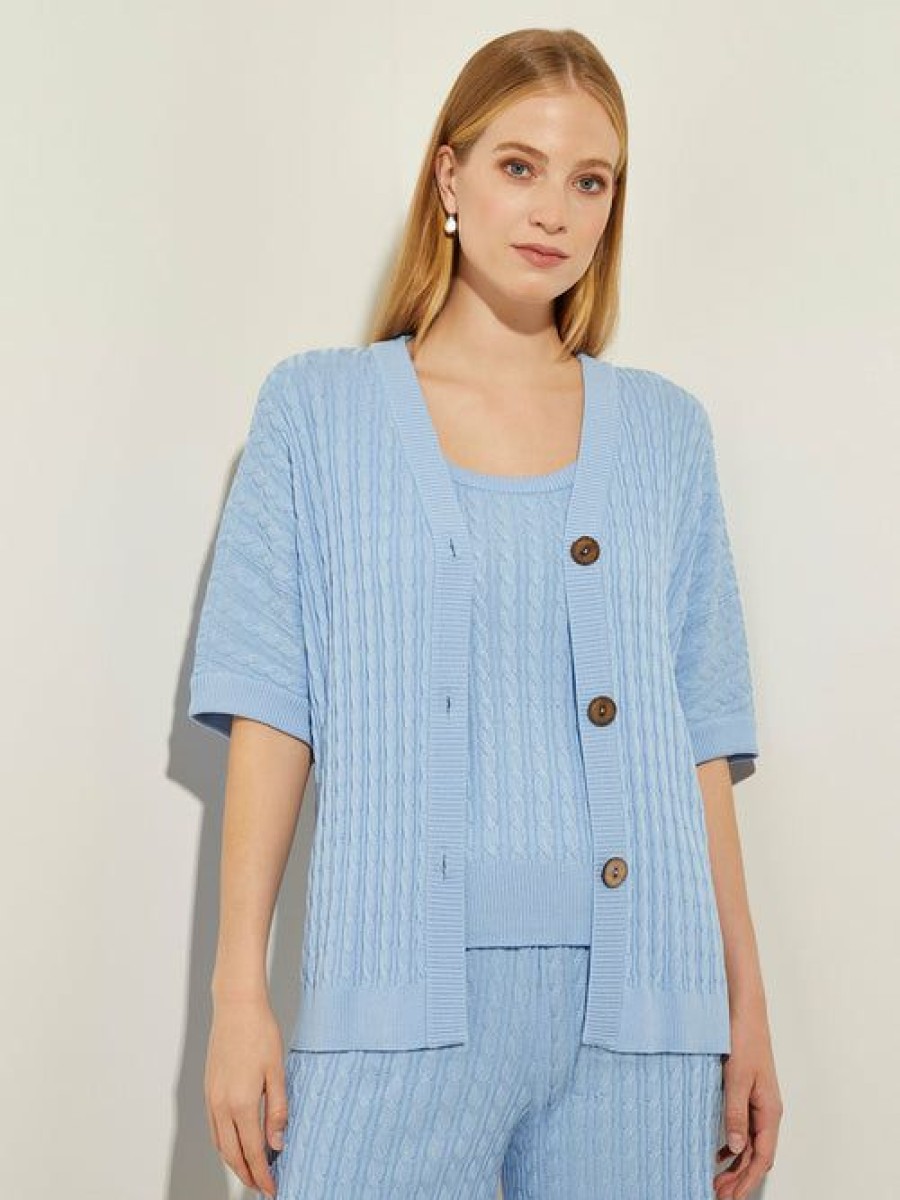 Clothing Misook  | Button-Front Short Sleeve Soft Cable Knit Cardigan Cirrus Blue