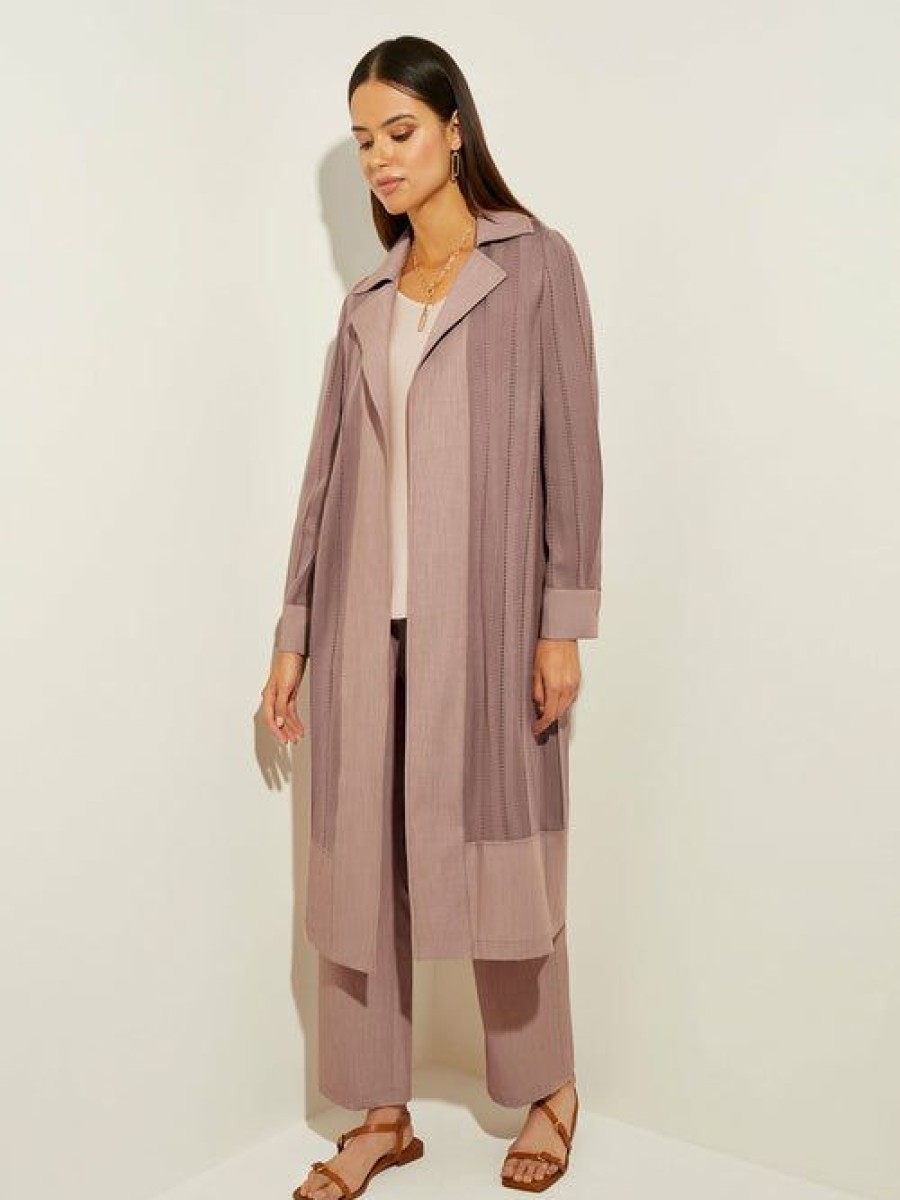 Clothing Misook  | Twill Trim Sheer Recycled Knit Duster Macchiato