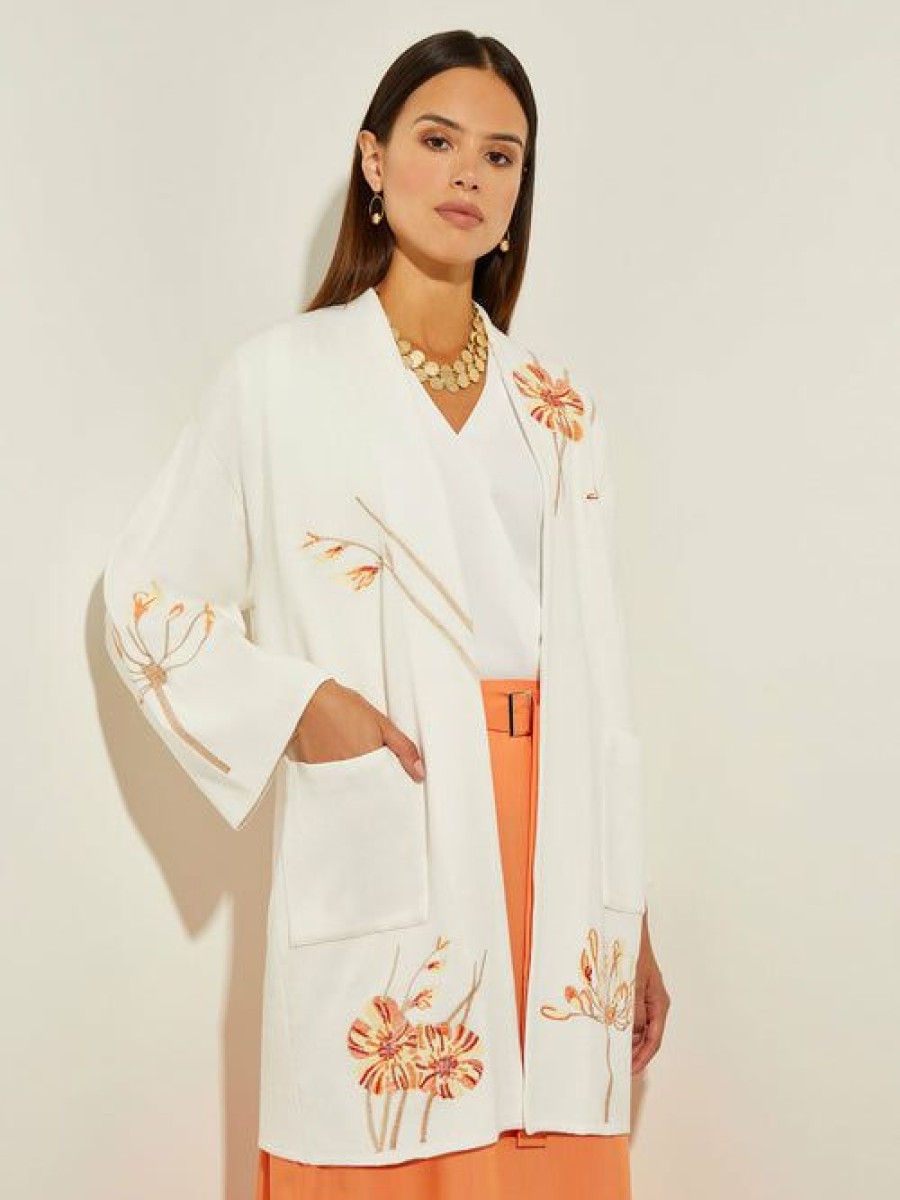 Clothing Misook  | Embroidered Floral Recycled Knit Oversized Cardigan White/Sand/Sunset Red/Citrus Blossom/Pale Gold/Black