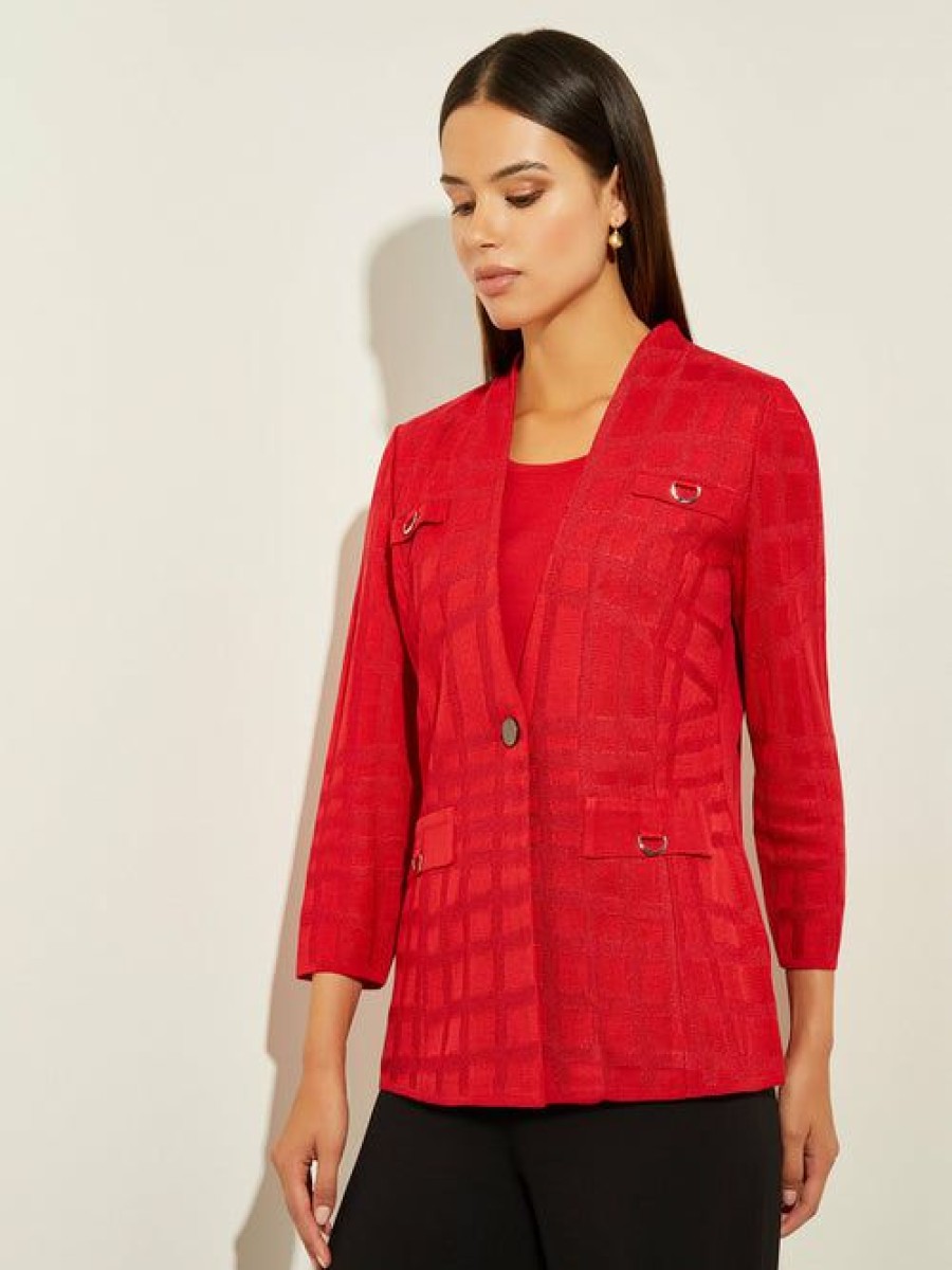 Clothing Misook  | Metallic Accent Textured Knit Blazer Sunset Red